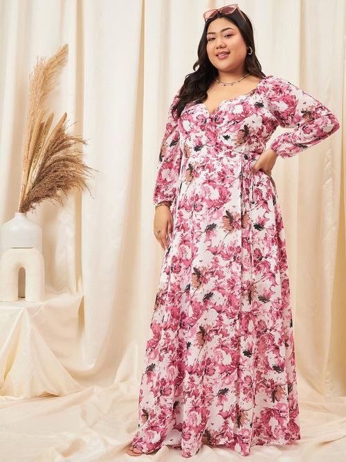 Berrylush Curve Pink Floral Print V-Neck Long Sleeves Maxi Dress