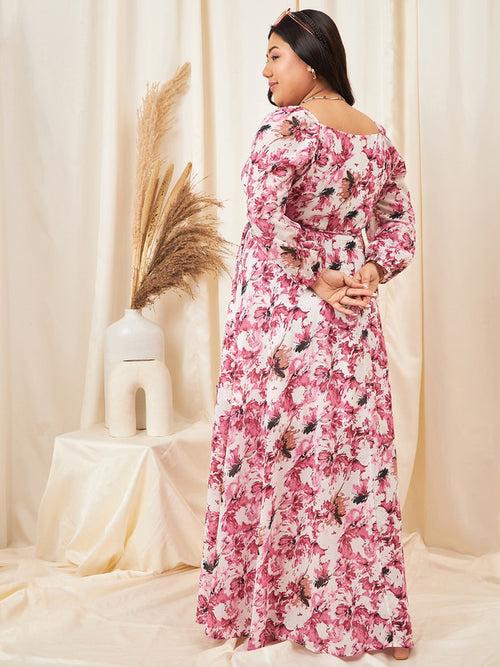 Berrylush Curve Pink Floral Print V-Neck Long Sleeves Maxi Dress