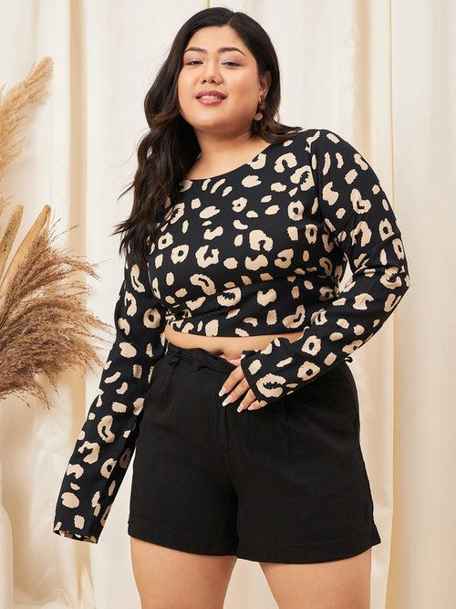 Berrylush Curve Black Round Neck Animal Print Styled Back Crop Top