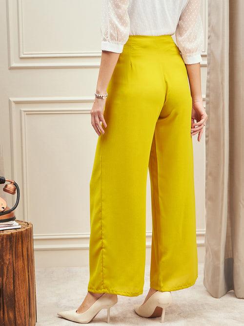 Berrylush BIZwear Women Solid Yellow Button Detail Wide Leg Pants