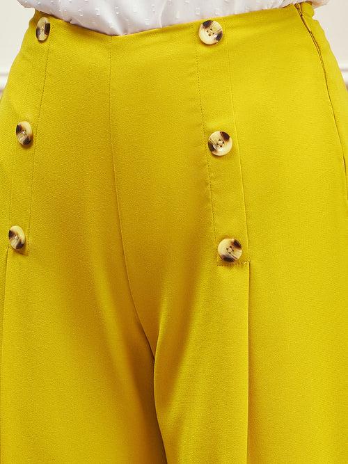 Berrylush BIZwear Women Solid Yellow Button Detail Wide Leg Pants