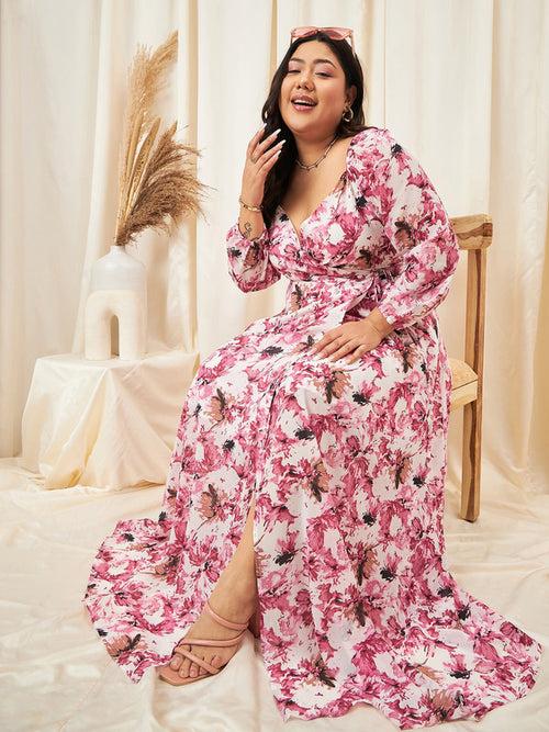 Berrylush Curve Pink Floral Print V-Neck Long Sleeves Maxi Dress