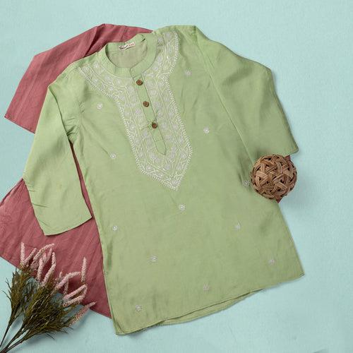 Embroidered Viscose Silk Kurta for Boys, Men | Mint Green