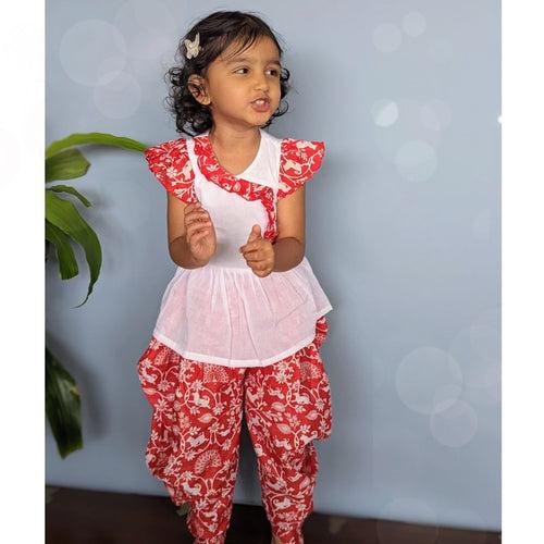 Kurti Top with Printed Dhoti | Shikargah Red & White