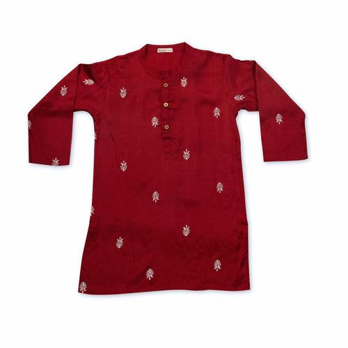 Embroidered Viscose Silk Kurta for Boys, Men | Maroon