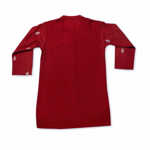 Embroidered Viscose Silk Kurta for Boys, Men | Maroon