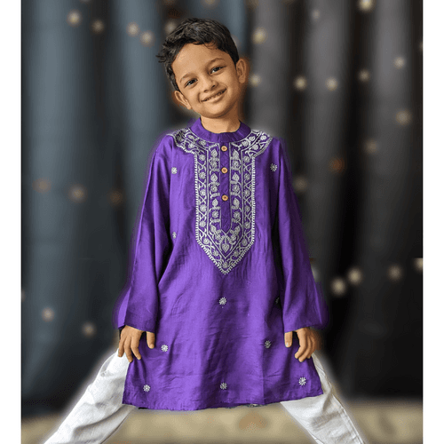 Embroidered Viscose Silk Kurta for Boys, Men | Purple