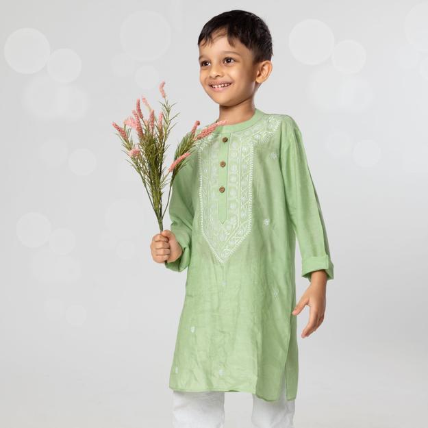 Embroidered Viscose Silk Kurta for Boys, Men | Mint Green