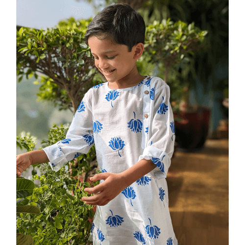 Malmal Kurta for Boys, Men | Indian Lotus, Blue