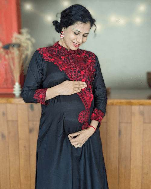 Black & Red Embroidered Viscose Silk Kurta with Churidar, Girls & Women