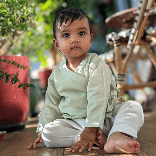 Cotton Muslin Baby Angrakha Jhabla | Mint Green