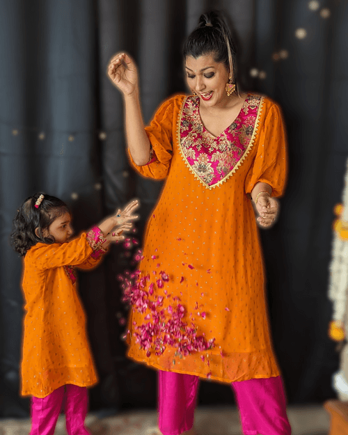 Orange Georgette Kurta with Pink Palazzo Pants | Girls & Women