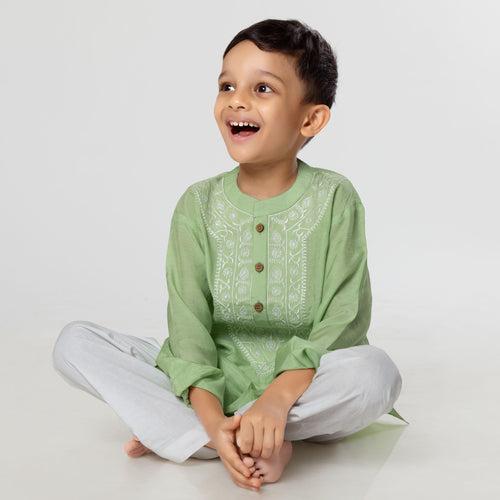 Embroidered Viscose Silk Kurta for Boys, Men | Mint Green