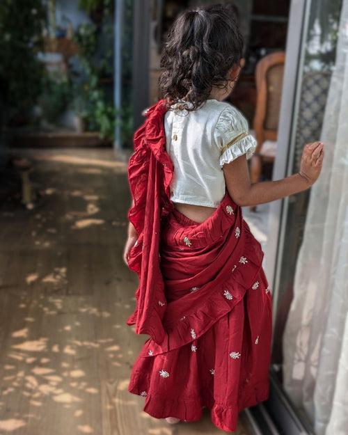 Prestitched Silk Embroidered Saree for Girls | Maroon