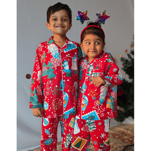 Cotton Pajama Set for Kids | Jingle Bells - Red