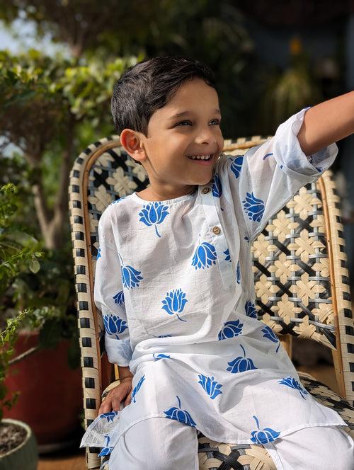 Malmal Kurta for Boys, Men | Indian Lotus, Blue