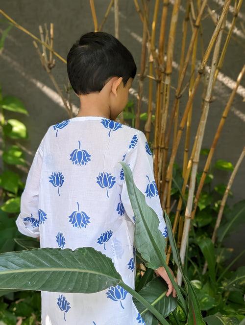 Malmal Kurta for Boys, Men | Indian Lotus, Blue