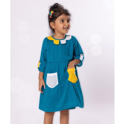 Cotton Dress | Colour Pop, Turquoise Blue | 0-12Y