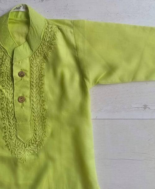 Embroidered Malmal Kurta | Lime Green | Newborn to Adult