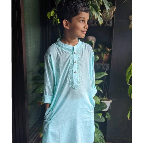 Embroidered Malmal Kurta | Sky Blue | Newborn to Adult