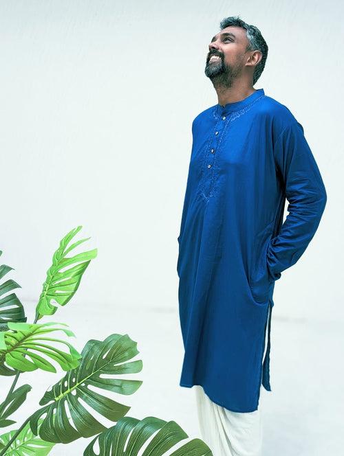 Embroidered Malmal Kurta | Royal Blue | Newborn to Adult