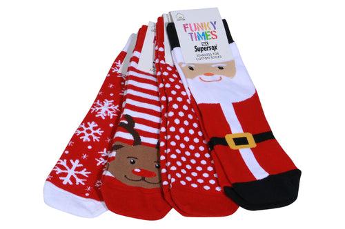 Christmas Crew Length Socks Unisex for Men & Women Pack of 4 (Santa,Reindeer,Snow Flakes&Polka dots)