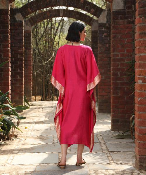 Hot Pink Handloom Silk Kaftan with Benaras Borders