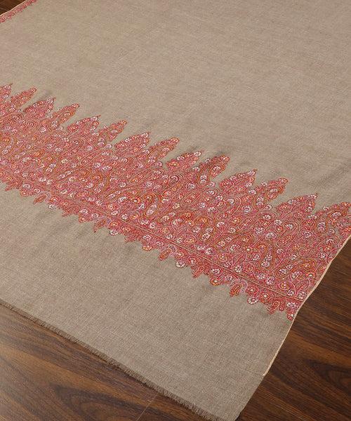 Natural Toosh Color Handwoven Pure Pashmina Shawl With Resham Sozni Kari Palla