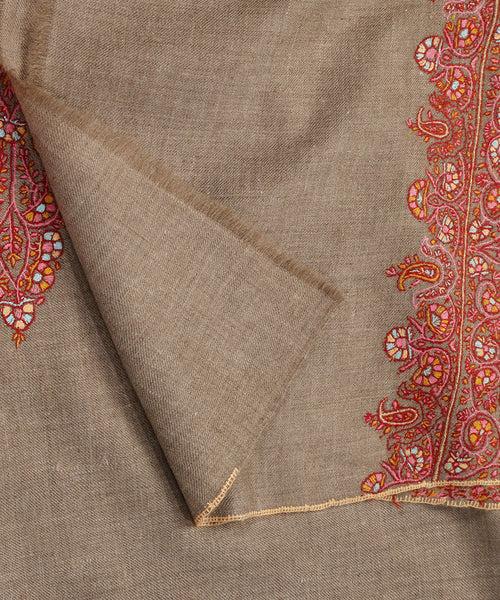 Natural Toosh Color Handwoven Pure Pashmina Shawl With Resham Sozni Kari Palla