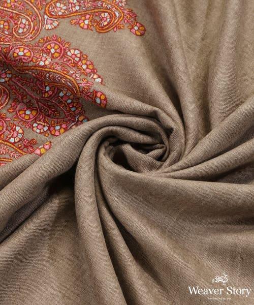 Natural Toosh Color Handwoven Pure Pashmina Shawl With Resham Sozni Kari Palla