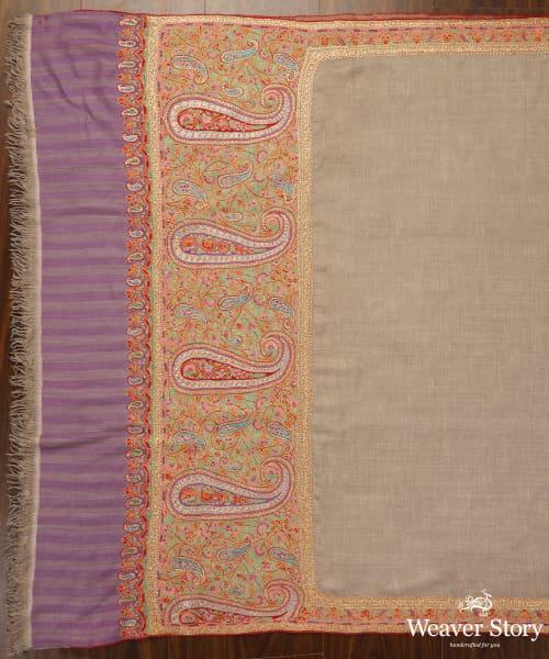 Beige Handwoven Pure Pashmina Shawl With Resham Sozni Kari Palla And Tilla Highlights