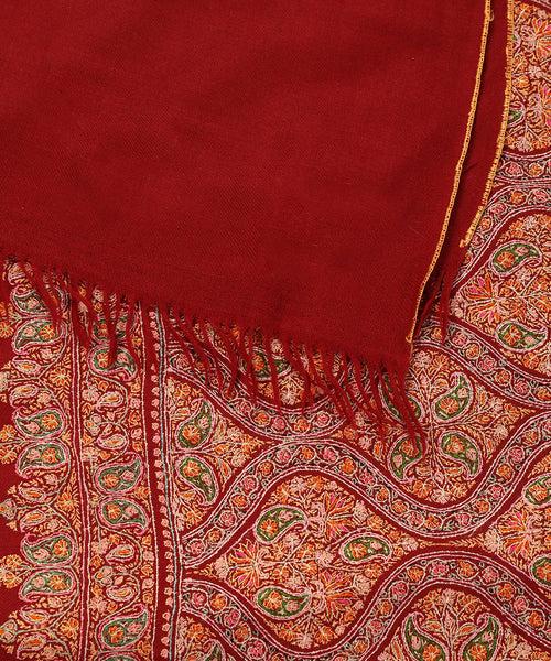 Maroon Handwoven Pure Pashmina Shawl With Sozni Kari Jamawar Embroidery