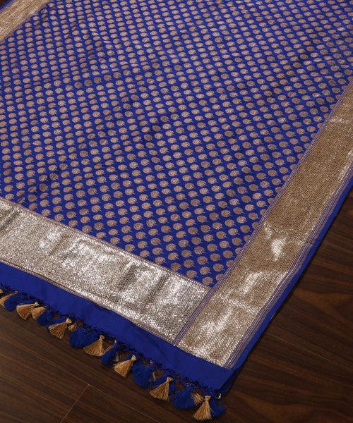 Blue Handloom Pure Katan Silk Banarasi Dupatta With Badla Border