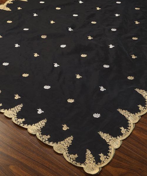 Handloom Black Pure Katan Silk Banarasi Dupatta With Scalloped Border And Kadhwa Booti