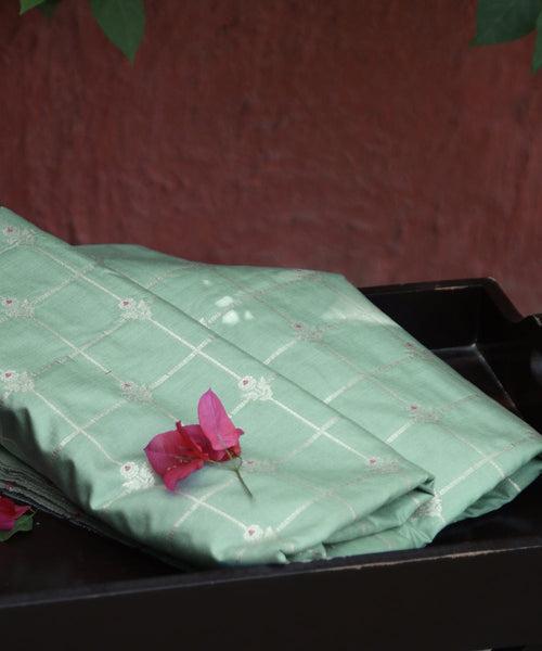 Pastel Pistachio Green Handloom Pure Moonga Silk Banarasi Fabric With Cutwork Sona Rupa Booti