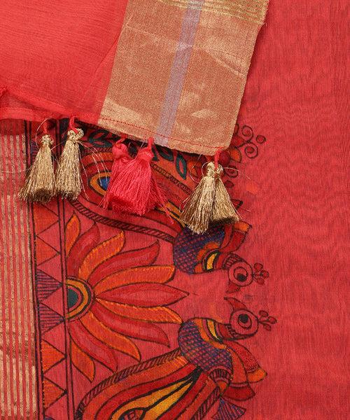 Carrot Hand Painted Pure Chanderi Madhubani Dupatta