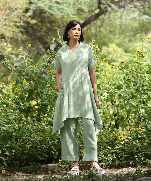 Sage Green Embroidered Kurta With Ankle Length Pure Cotton Pants