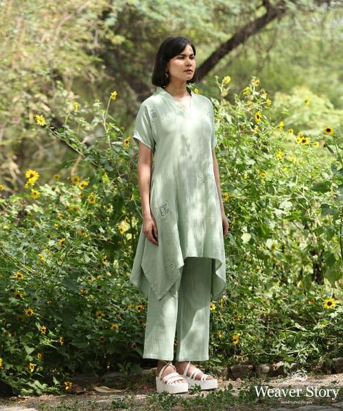 Sage Green Embroidered Kurta With Ankle Length Pure Cotton Pants