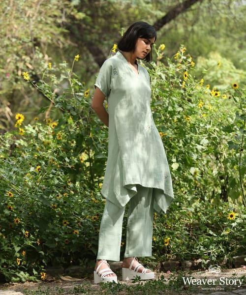 Sage Green Embroidered Kurta With Ankle Length Pure Cotton Pants