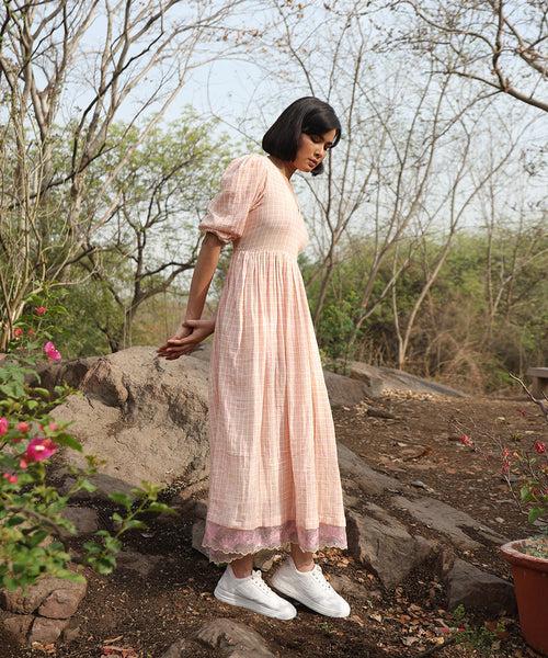 White Pure Cotton Double Gauze Handblock Printed Dress With Gathers And Embroidered Details