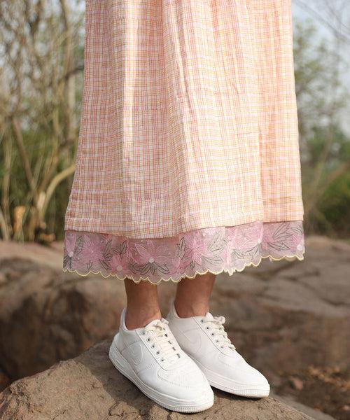 White Pure Cotton Double Gauze Handblock Printed Dress With Gathers And Embroidered Details