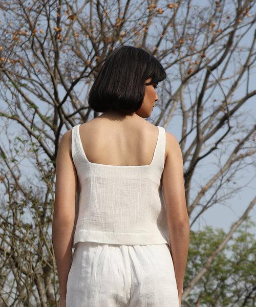 White Pure Cotton Double Gauze Top With Square Neckline