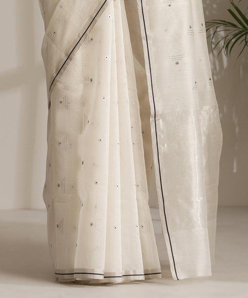 White Handloom Pure Cotton Silk Chanderi Saree With Zari Booti