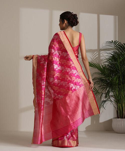 Rani Pink Handloom Pure Chanderi Silk Saree With All Over Sona Rupa Meena Jaal And Tissue Border