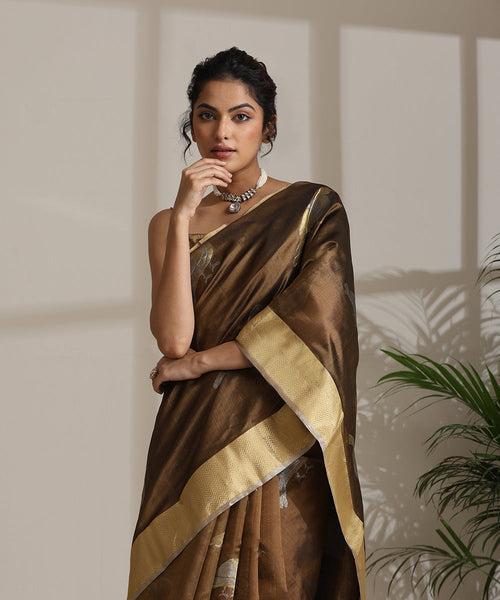 Handloom Brown Pure Chanderi Silk Saree With Big Chidiyaa Booti And Nakshi Border