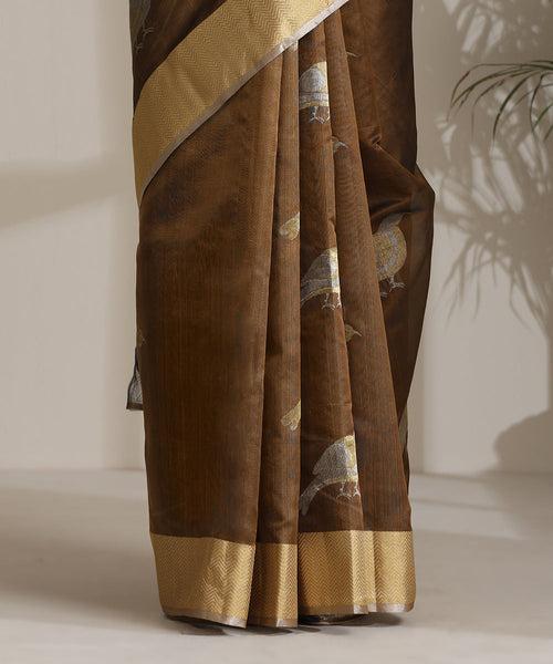 Handloom Brown Pure Chanderi Silk Saree With Big Chidiyaa Booti And Nakshi Border