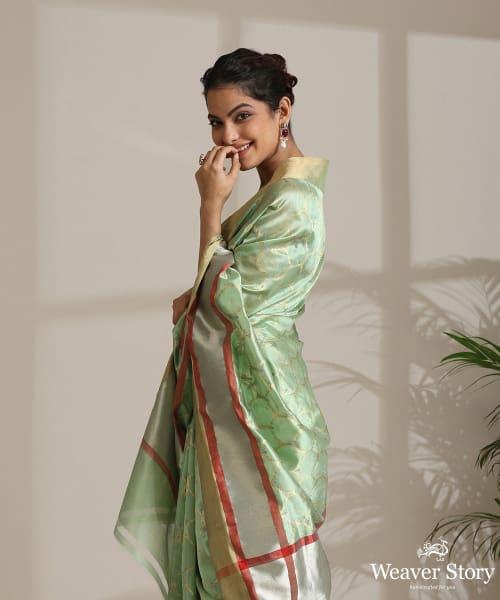 Handloom Pastel Pista Green Pure Chanderi Silk Saree With All Over Gold Kadhwa Jaal