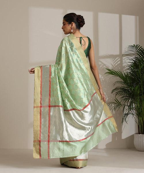Handloom Pastel Pista Green Pure Chanderi Silk Saree With All Over Gold Kadhwa Jaal