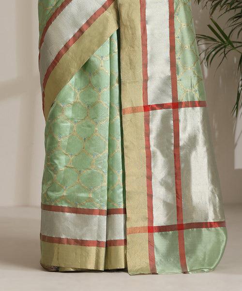 Handloom Pastel Pista Green Pure Chanderi Silk Saree With All Over Gold Kadhwa Jaal