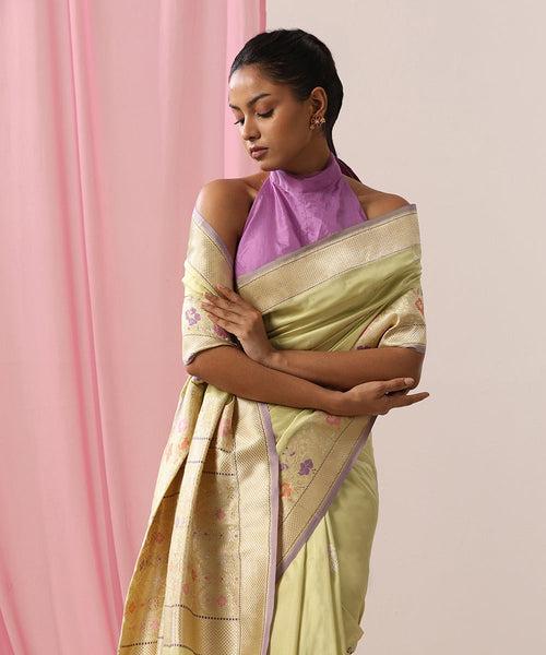 Handloom Light Green Pure Katan Silk Banarasi Saree With Floral Meenakari Border And Lilac Selvedge